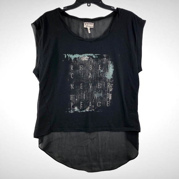 Velvet Thorn “A Rebel Can Never Find Peace” Hi Low Top With Sheer Back Sz L - Picture 1 of 8